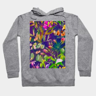 Cool tropical floral leaves botanical illustration, tropical plants,leaves and flowers, purple navy leaves pattern Hoodie